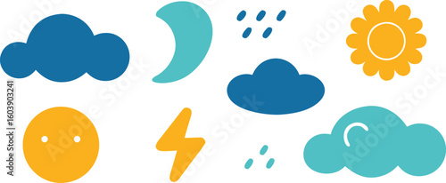 Vector art of collection of colorful weather icons featuring sun moon clouds rain and lightning in flat design isolated on transparent background.