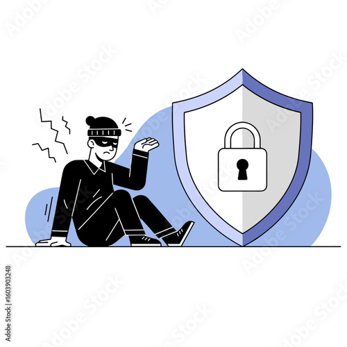 A thwarted thief is blocked by a powerful security shield with a padlock, illustrating robust digital data protection and cybersecurity.