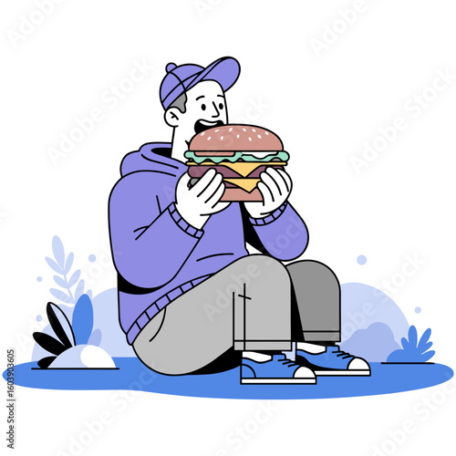 A happy young man in a hoodie and cap enjoying a delicious cheeseburger. Flat vector illustration of a person eating fast food outdoors.
