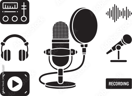 Podcast Equipment and Studio Icons – Bold Vector Set of Microphones, Mixers, and Sound Tools