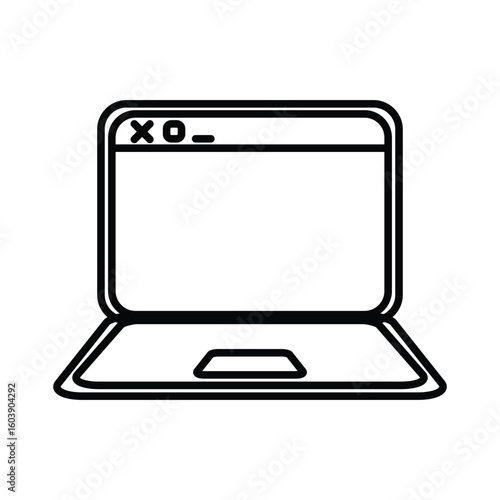 A black and white line drawing of an open laptop with a trackpad and window icons