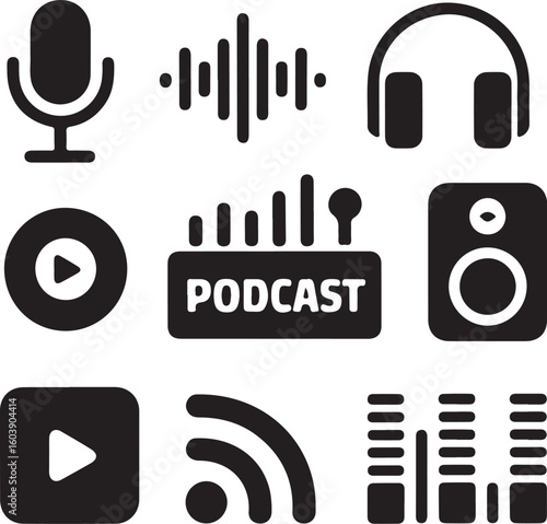 Podcasting and Audio Creation Solid Icon Set – Microphone, Sound Wave, Headphones, and Recording Symbols