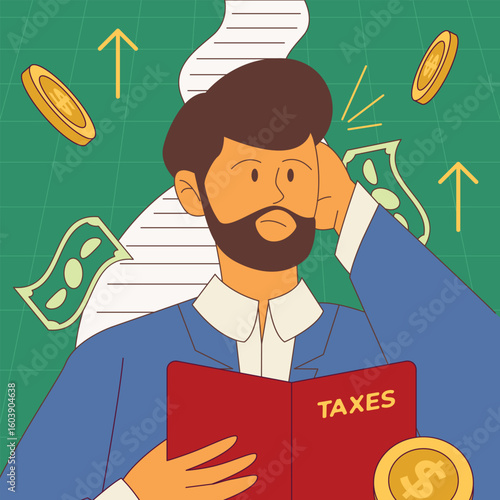 A man holding a tax file looking confused with rising money and tax forms flying around.