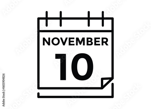 10 November, calendar date icon. 10 November Calendar Date for Deadlines or Appointment. Day, month. vector illustration.
