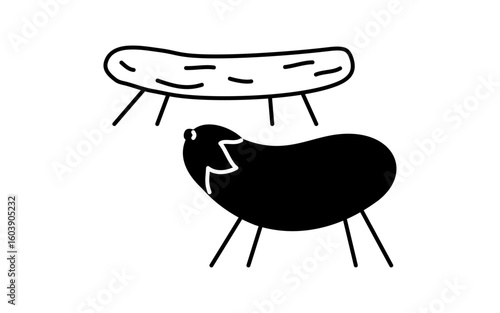 お盆に飾る精霊馬のシンプルな線画イラスト、夏のイラスト、白黒