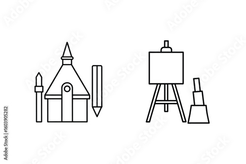 Art studio setup with easel and drawing tools painting