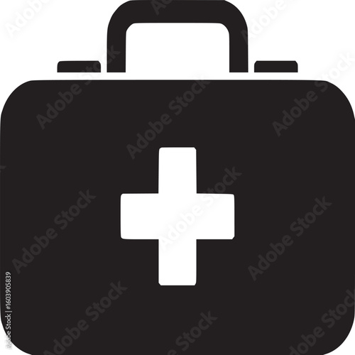 A black and white graphic of a first aid kit with a handle and a white cross in the center front