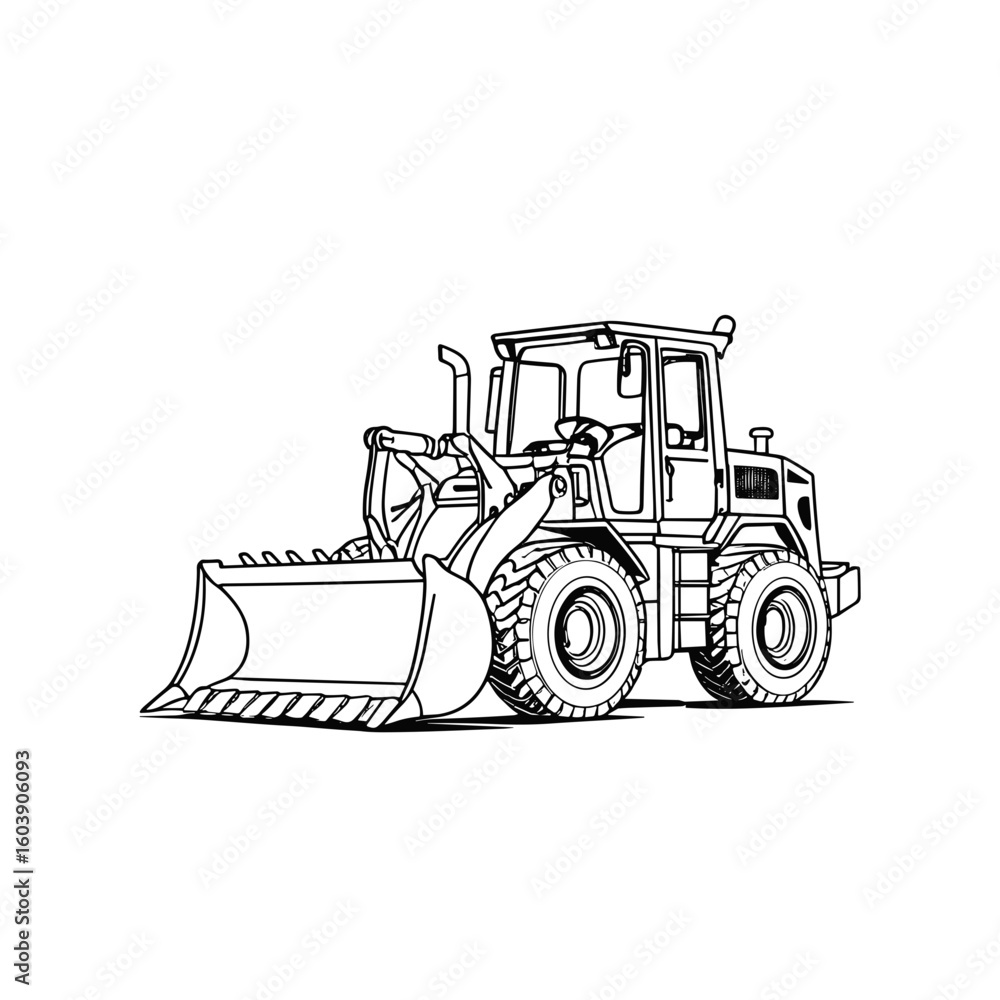 Naklejka premium Bulldozer vehicle detailed black and white line illustration
