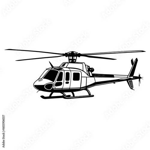 Helicopter side view black and white line drawing
