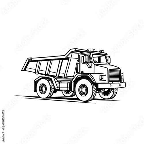 Dump truck black and white line sketch illustration