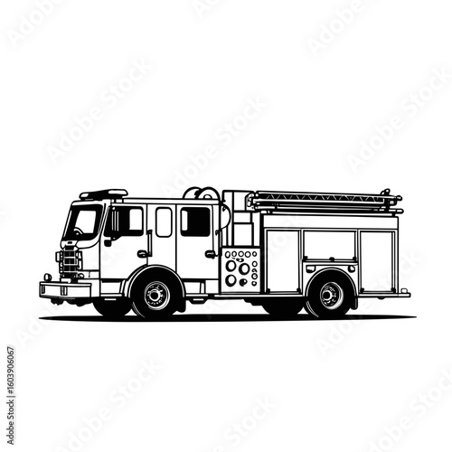 Fire truck black and white line drawing side view