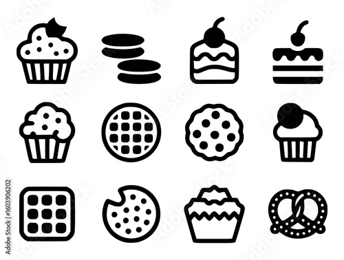 Black and white icons of baked goods and desserts cupcake cookie