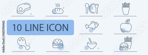 Food set icon. Bread, steak, fish, fries, burger, chopsticks, bowl, plate, apple, chicken outlined in minimal lines for meal and fast food visual context.