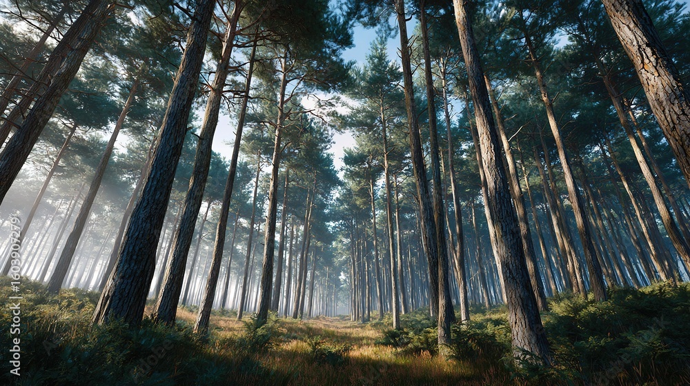Fototapeta premium Tall pine forest with path winding through green undergrowth under clear sky