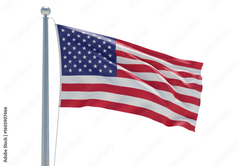 Fototapeta premium Isolated American Flag Waving on Silver Pole