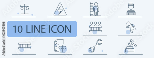 Law and justice set icon. Line icons showing scales, warning sign, height measurement, prisoner, crime scene, jail bars, checklist with scales, handcuffs, gavel.
