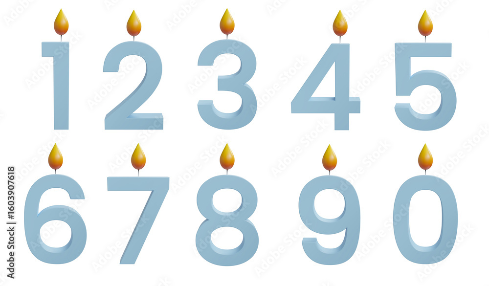 Fototapeta premium Blue Birthday Cake Candle Numbers Set Isolated on a White Background, 3d render