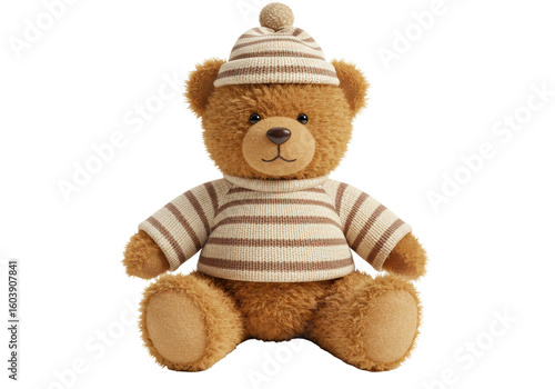 Konstfotografi Isolated Cute Teddy Bear Wearing Striped Sweater and Hat