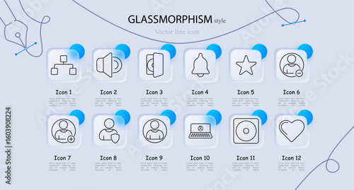 User interface and profile set icon. Includes speaker, bell, hierarchy, star, profile, laptop, heart, shield, volume, add, remove, and account-related visuals.