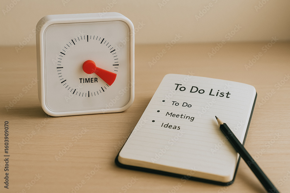 Time Management: Timer and to-do list on a desk, symbolizing productivity. A focused arrangement emphasizing efficiency, deadlines, and the structure of daily tasks. Time Management: Timer and to-do list on a desk, symbolizing productivity. A focused arrangement emphasizing efficiency, deadlines, and the structure of daily tasks.