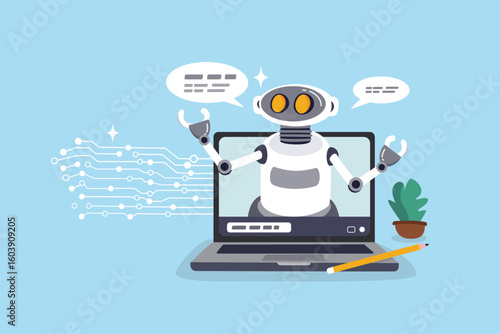 AI Chatbot assistance, Artificial Intelligence robot help solving problem support, chat conversation message, advice or discussion concept, AI Robot or chatbot on computer help answer question.