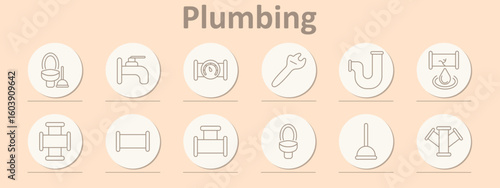 Plumbing set icon. Toilet with plunger, faucet, valve, wrench, U-pipe, leaking pipe, connectors, fittings, toilet, plunger, diverging pipes