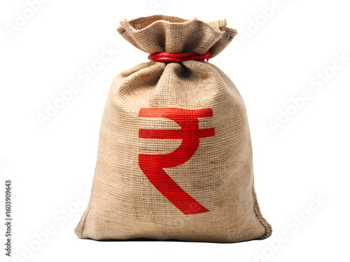 Burlap money bag with indian rupee symbol on transparent background