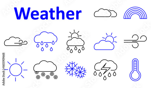 Weather set icon. Meteorological icons showing sun, cloud, wind, rain, snow, thunderstorm, rainbow, snowflake, temperature, and cloud conditions in various forms