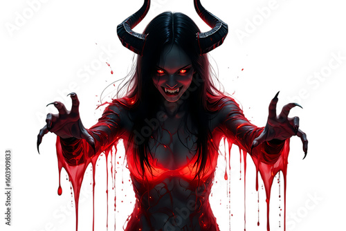 A terrifying demon woman with horns and blood reaches out with clawed hands isolated on transparent background