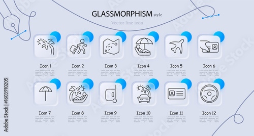 Travel set icon. Beach scene, walking with luggage, route map, sunbathing, airplane, ID card scan, umbrella, beach lounge, suitcase, car at beach, ID card, steering wheel