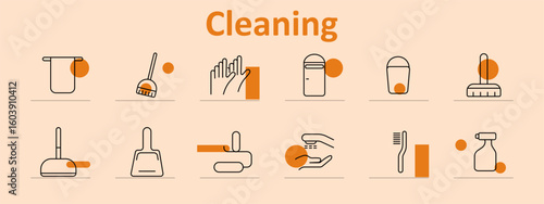 Cleaning set icon. Shows trash bins, gloves, brushes, sweepers, hand soap, bottle spray, towel, cleaning tools, displayed with strong outlines and accent shapes