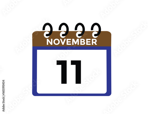11 November, calendar date icon. 11 November Calendar Date for Deadlines or Appointment. Day, month. vector illustration.
