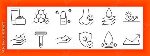 Cosmetic and hygiene set icon. Tube, razor, sponge, cleanser, nail, sunblock, droplets, nose, exfoliant, and smooth skin care icons drawn in thin outline