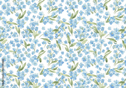 Fototapeta Naklejka Na Ścianę i Meble -  Delicate watercolor pattern of blue forget me nots flowers and green leaves on a transparent background