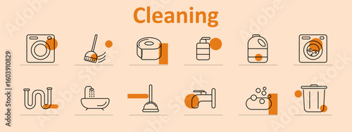 Cleaning set icon. Displays washing machine, plunger, soap, brush, faucet, trash bin, toilet paper, tub, sink, bubbles, gloves, all outlined with clean geometric forms