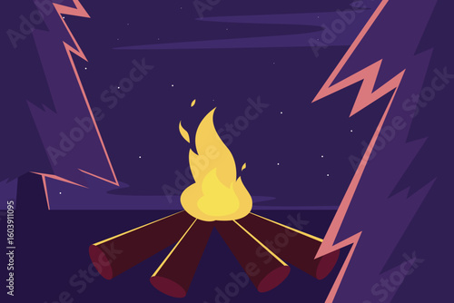 A bright campfire glows warmly between trees under a starry night sky.