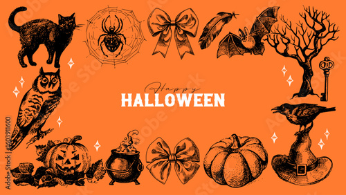 Halloween vintage set. Hand drawn retro sketch vector illustration. Greeting design for holiday cards, posters, kids party decor.