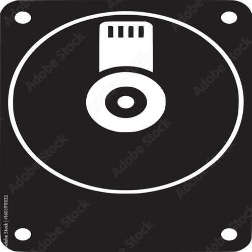 A black and white graphic of a floppy disk with a square casing and rounded corners and four holes