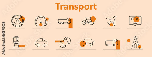 Transport set icon. Steering wheel, speedometer, truck, bicycle, plane, camper, train, car, route network, location pin displayed in land, air, and urban mobility context