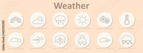Weather set icon. Rainbow, sun, clouds, rain, snow, wind, thermometer, sunshine, thunderstorm, overcast, drizzle, snowflakes shown with minimal outlined symbols