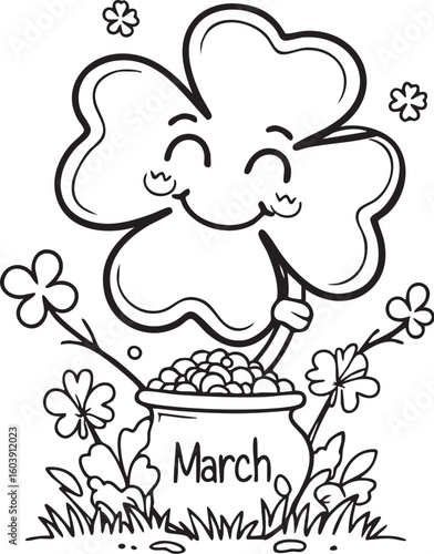Searchable SEO Title (Max 150 characters): "Friday Clover Coloring Page – Cute Cartoon Plant Character for Kids’ Educational Printables, Weekday Activities & Fun Nature-Themed Art Projects