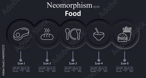 Food set icon. Outlined steak, bread, utensils, noodle bowl, and fast food combo icon in neumorphism circles with dark background