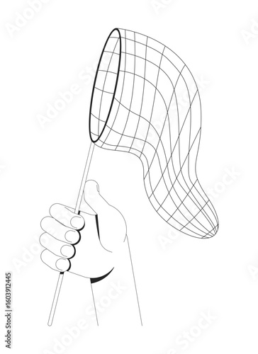 Hand holding catching net outline illustration. Gripping butterfly net catcher. Capturing tool, opportunity, abstract pursuit isolated 2D vector image black and white. Linear drawing clip art