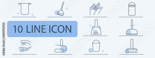 Cleaning tool set icon. Mop, gloves, bin, faucet, toilet brush, detergent, towel, bucket, scrub, scoop shown with thin lines and blue dotted overlays