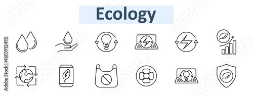 Ecology set icon. Includes water drops, recycling, leaves, biodegradable bag, shield, fan, energy-efficient laptops, growth chart, and light bulb with arrows.