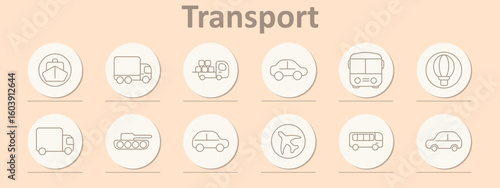 Transport set icon. Truck, cargo vehicle, passenger car, airplane, hot air balloon, bus, container truck, tank, ship with luggage, airplane globe icon, travel types