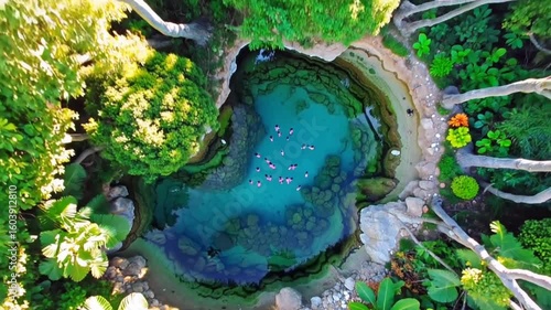 Vibrant Tropical Oasis: Aerial View of Clear Turquoise Pool Surrounded by Lush Greenery with Pink Flamingos