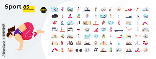 Sports and fitness activities cartoon flat illustrations mega bundle. Exercises stretching. Training, yoga poses, wellness, gym workout 2D images isolated on white. Collection vector drawings colorful