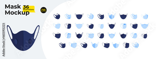 Face mask design mockup cartoon flat illustrations mega bundle. Various medical, reusable cloth facecover. Virus protection 2D images isolated on white. Collection vector drawings colorful