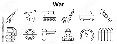 War set icon. Rifle, grenade, tank, plane, rocket, car, soldier, crosshair, bullets, explosion, gear, defense, grass, target, weaponry, helmet.